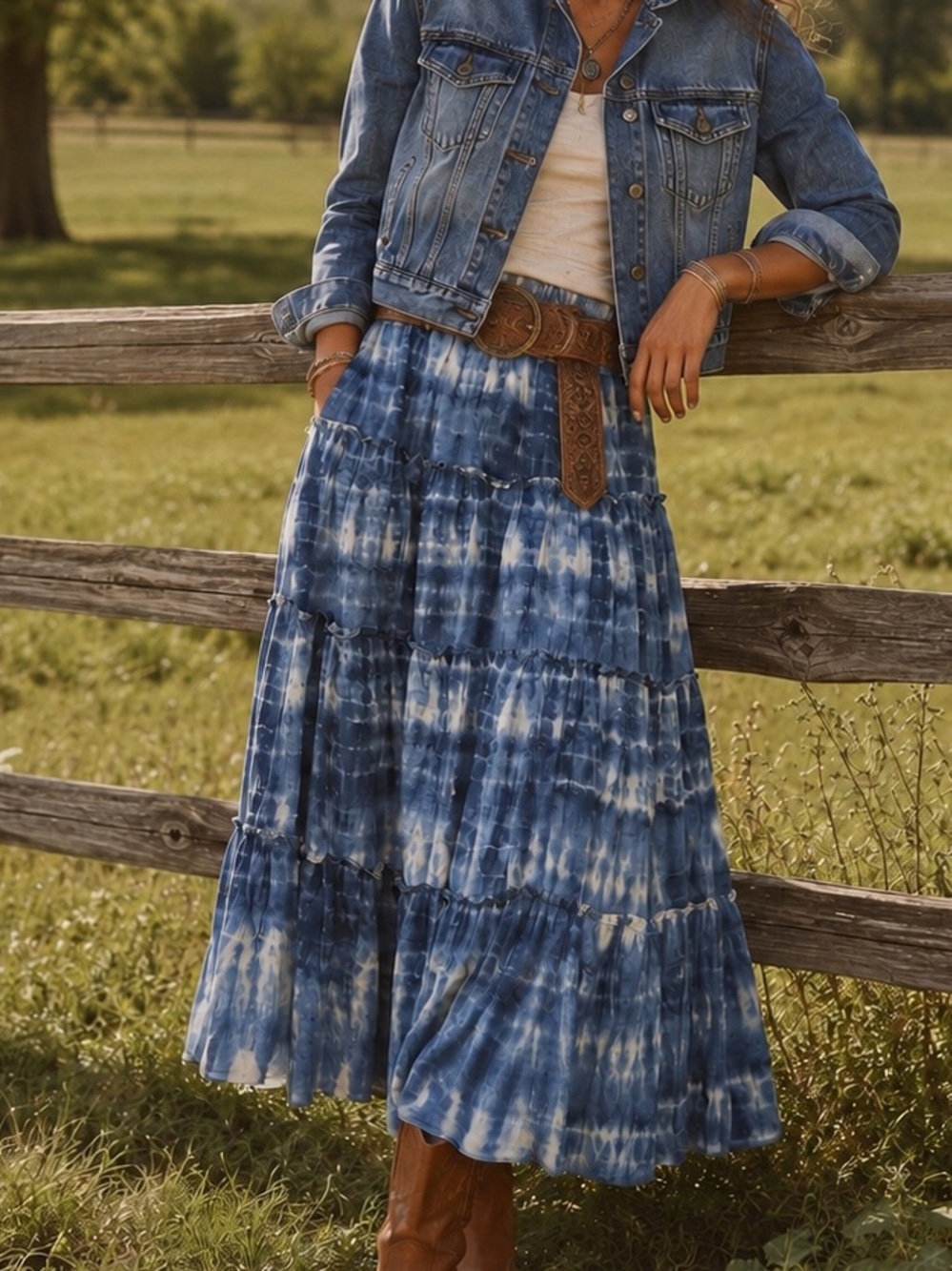 Ralph Lauren Jeans Co. Tie Dyed Cotton Tiered Blue White Lined Maxi Skirt L